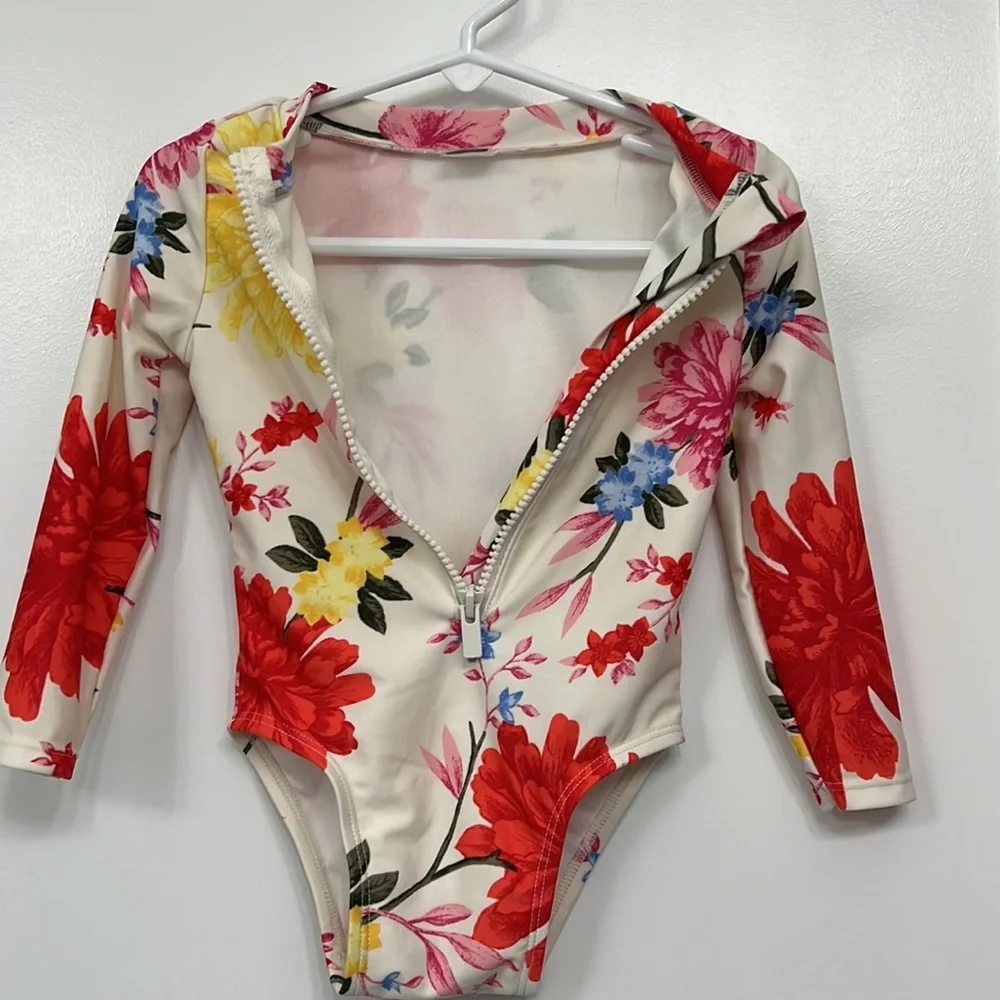 Old Navy Cream Floral Long-Sleeve Kids Rashguard with Red, Yellow & Pink Flowers